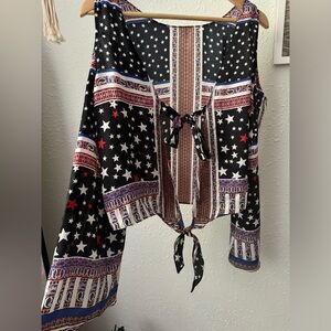 Avec Les Filles - Red, White & Blue Tie Neck Long Sleeve Blouse NWT